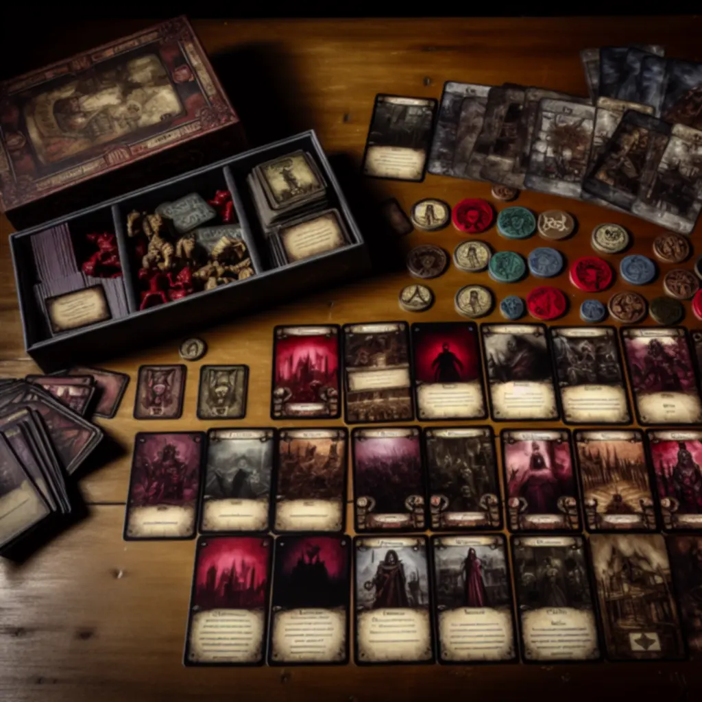 Zbliżenie na karty postaci i miniatury z gry Cursed Manor
