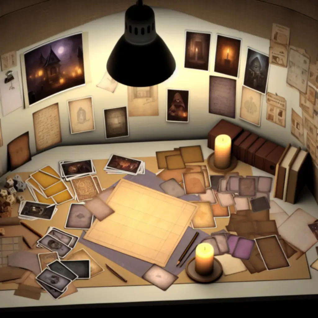 Biurko projektowe z prototypami kart i planszy Cursed Manor