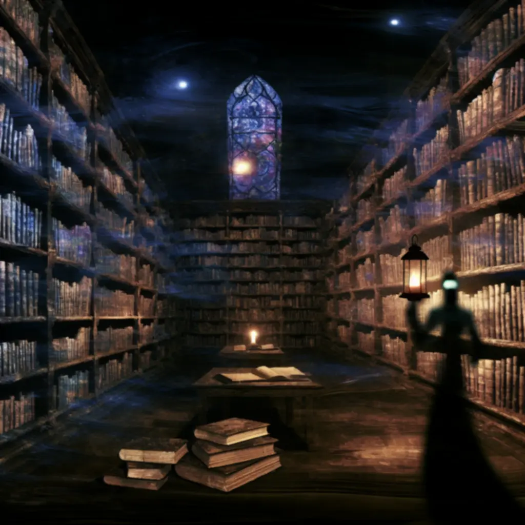 Ilustracja nocnej biblioteki z migoczącą latarnią i cieniem postaci