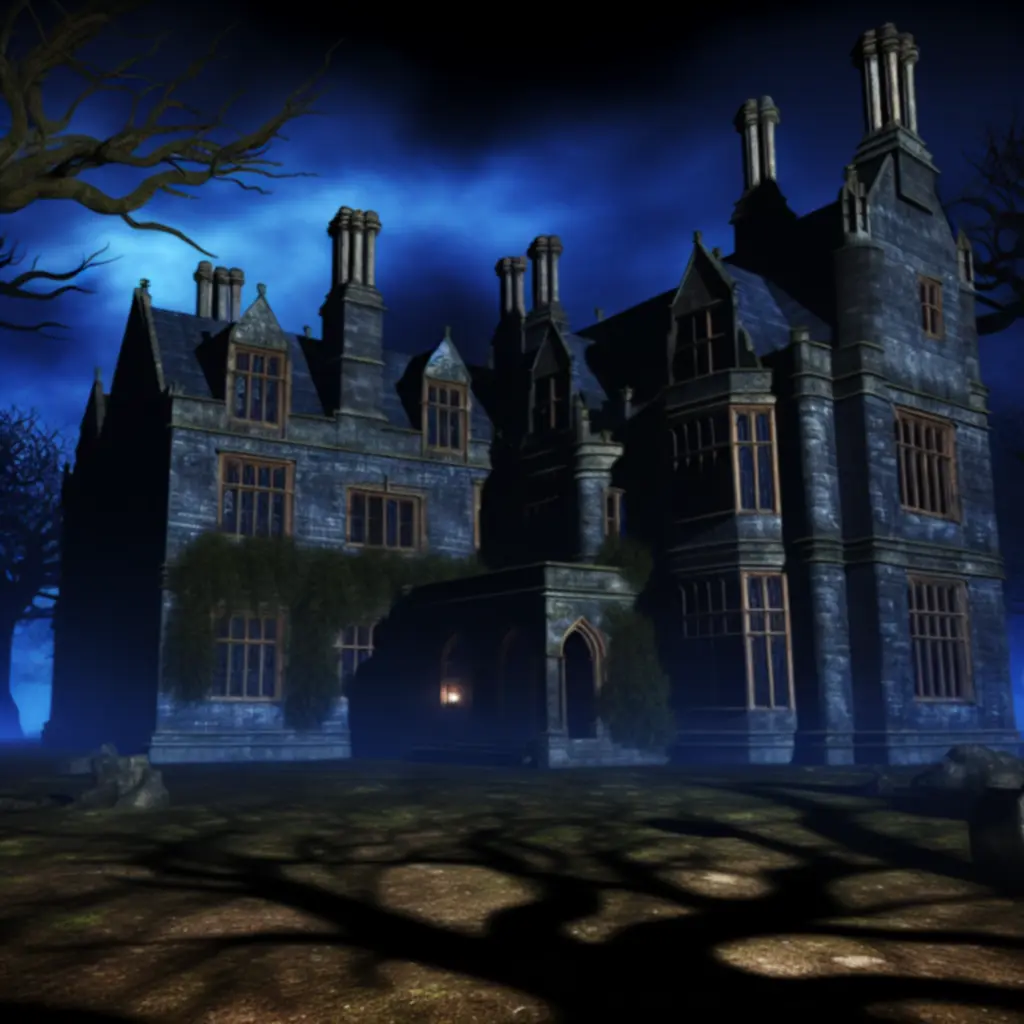 Mroczny widok na posiadłość Cursed Manor w nocnej poświacie