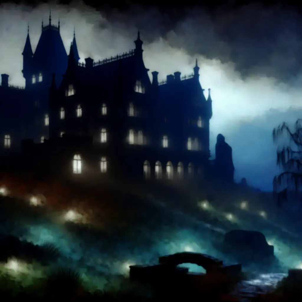 Nastrojowe ujęcie mrocznego dworu z elementami gry Cursed Manor
